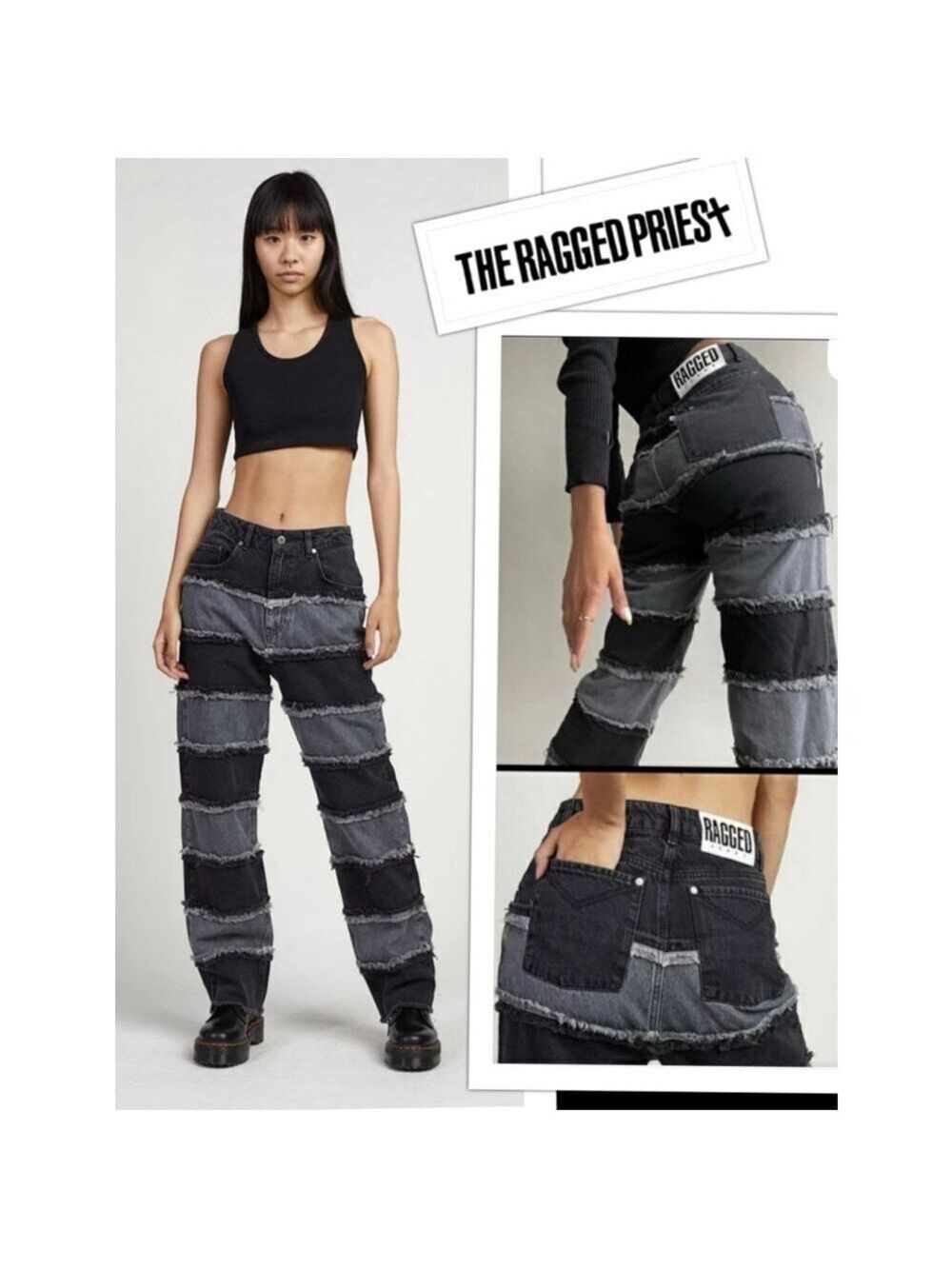 Ragged Priest CHARCOAL SHREDDER Wide Leg Patchwork Panel size 28 Jeans